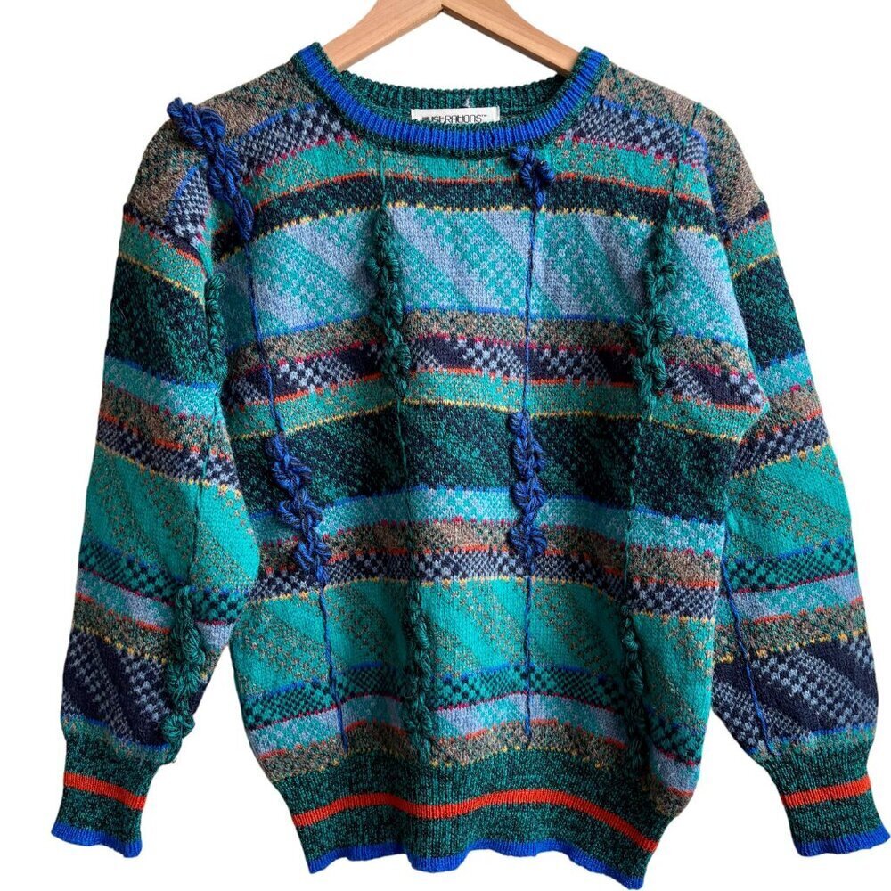 Vintage Coogi Style 100% Wool Sweater Illustrations 3D Knit S Colorful